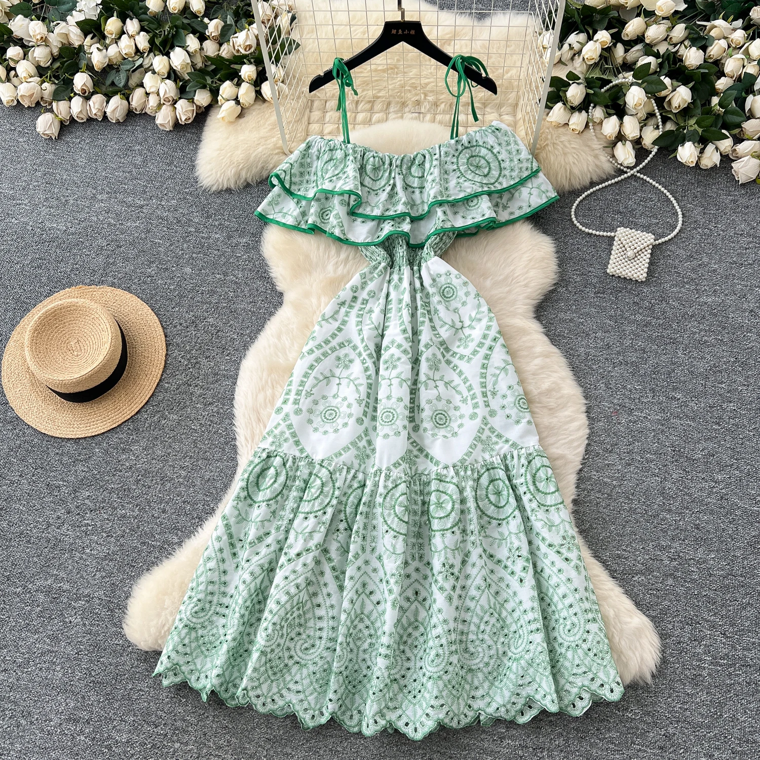 Chic vintage Sexy ruffle hollow out slim Elegant Fairy korean fashion Boho Sundress women clothing Long dress
