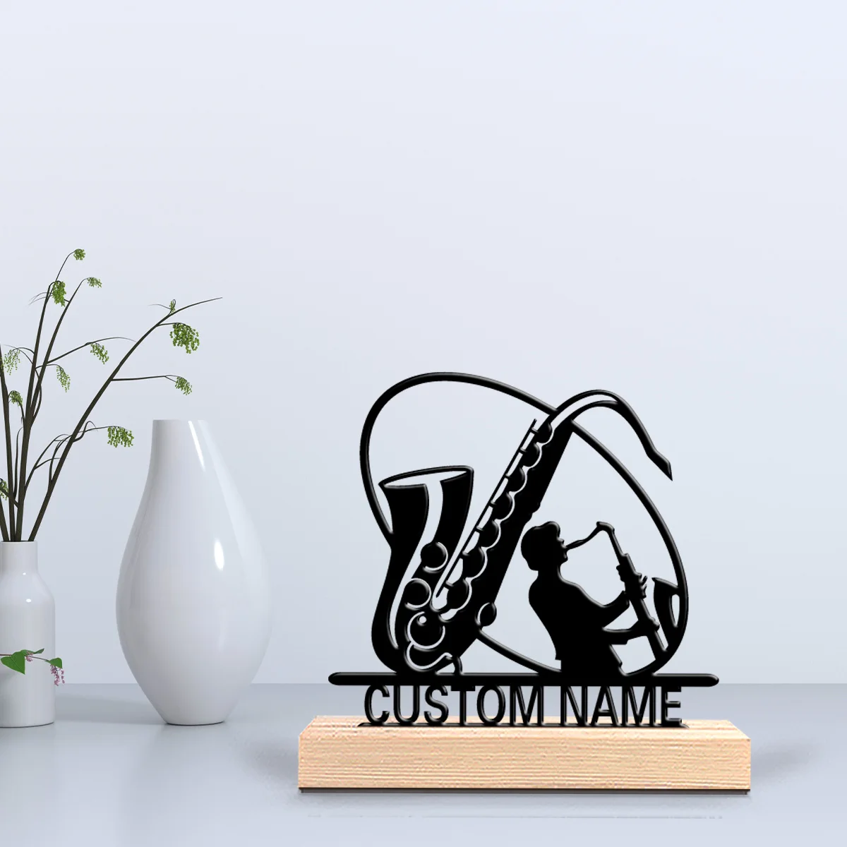 1pc Fashion Personalized Custom Sax Instrument Metal Statues Metal Art With Wooden Base Perfect For Musicians, Valentine Is, Roc