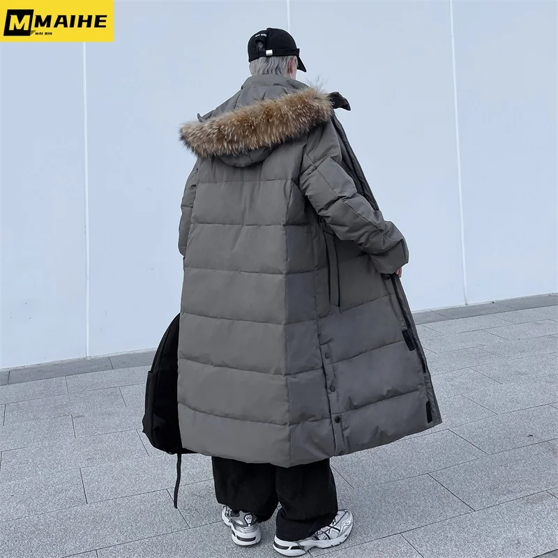 

Men's winter long down jacket Kpop fashion thickened warm hooded down jacket parka outdoor windproof skiing white duck down coat