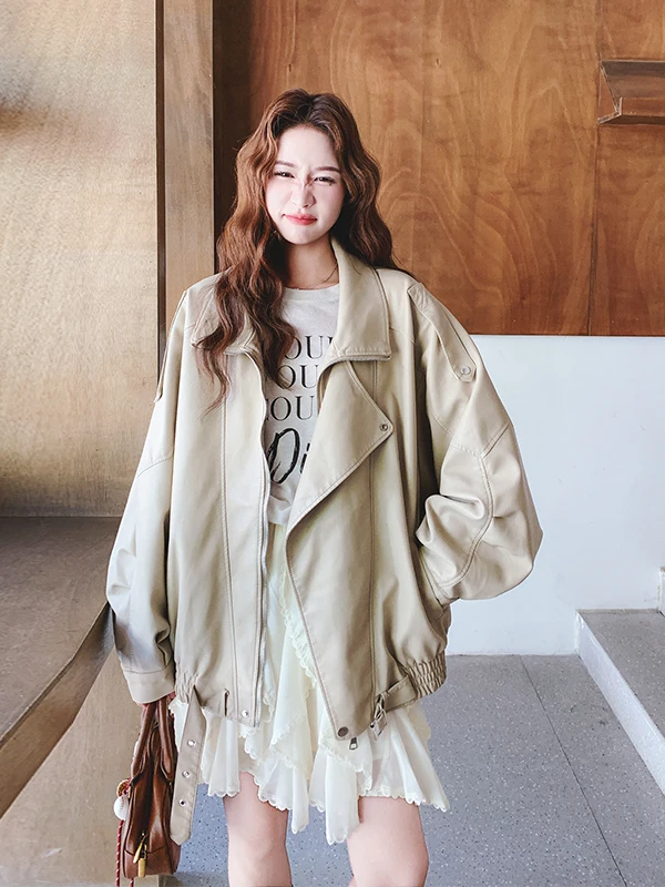 Cool Leather Jaet Women's ort Sle Spring Autumn Loose Fit Slimming Trendy PU Leather Coat Commute Wind Resistant