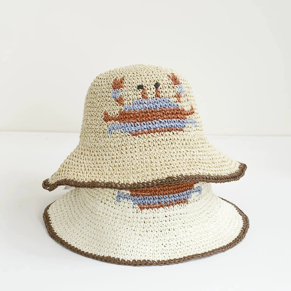 Women's Vacation Leisure Foldable Handmade Straw Hat Breathable Panama Exquisite Crab Embroidery Summer Bucket Sun Hats