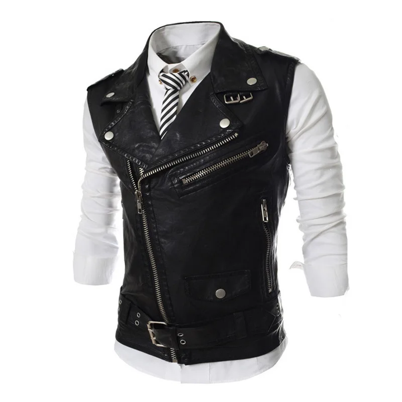 

Men's PU Leather Vest Slim-fit Multi-zipper Lapel Short Vest Jacket Top Autumn Winter Sleeveless Punk