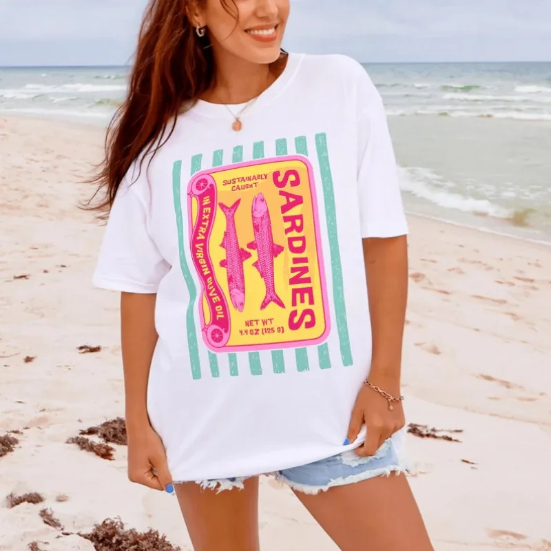 Camiseta Vintage con Estampado de Lata de Sardinas para Mujer, Diseño Náutico con Peces, Verano, Playa, Casual, Manga Corta, Atuendo Lindo para Vacaciones Costeras