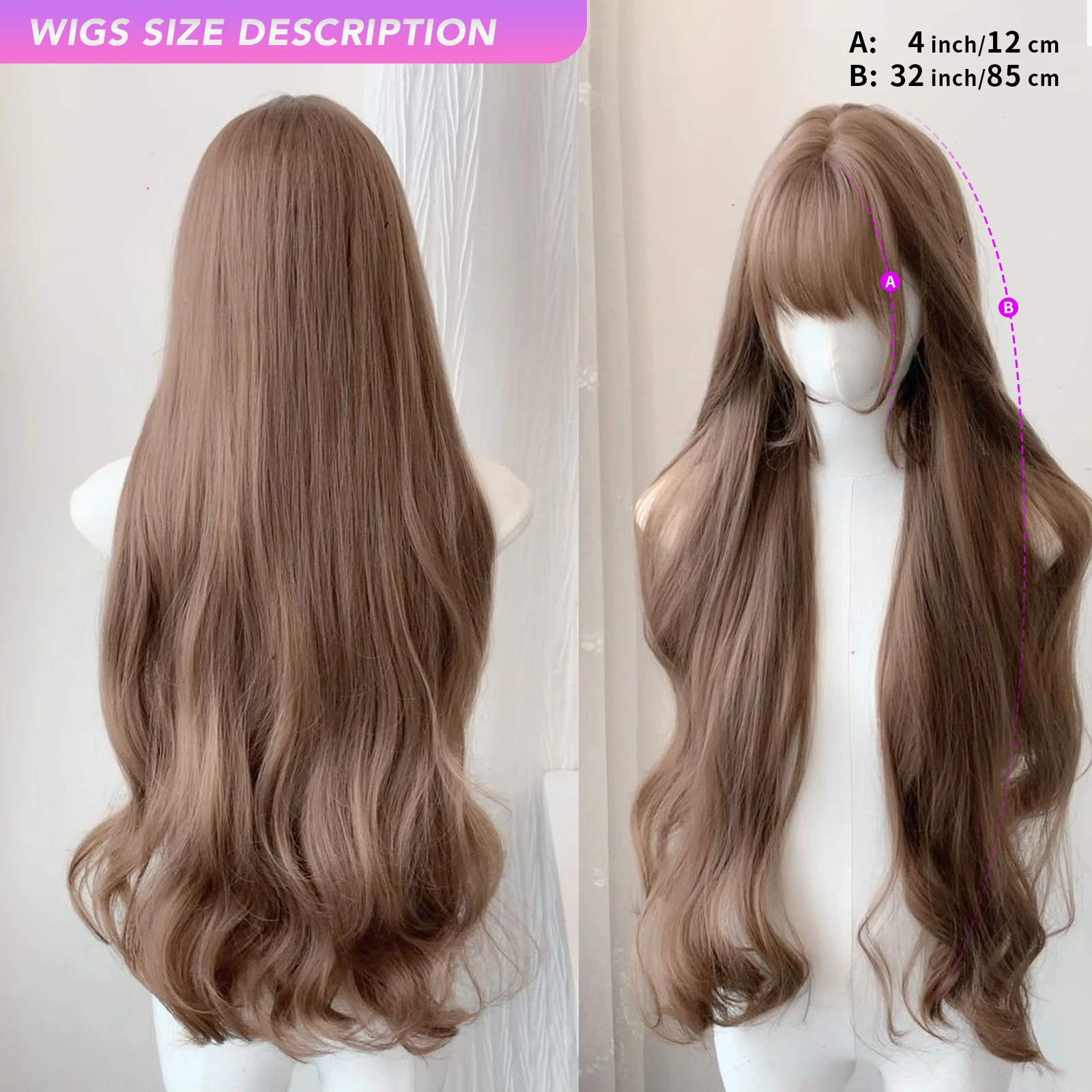 MEISU 32 Inch Long Wave Bangs Wig Synthetic Fiber Layered Hair Heat-Resistant Natural Smooth Extend Hair Selfie Party