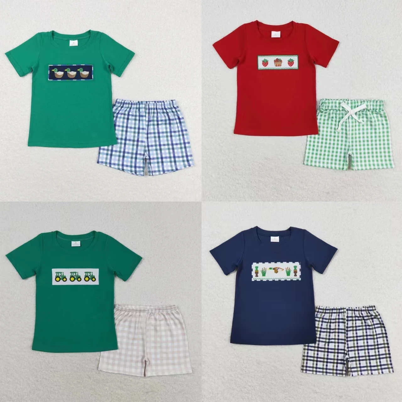 Conjunto de verano bordado para niños, camisa de manga corta, pantalones cortos a cuadros, Ducks, fresas, tractores, venta al por mayor