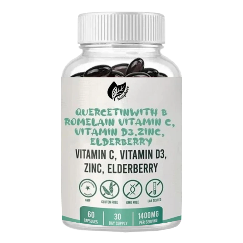 Quercetin Contains Bromelain, Mixed Supplements of Zinc Elderberry, Echinacea, Lingzhi, and Ginger Powder, 60 Capsules