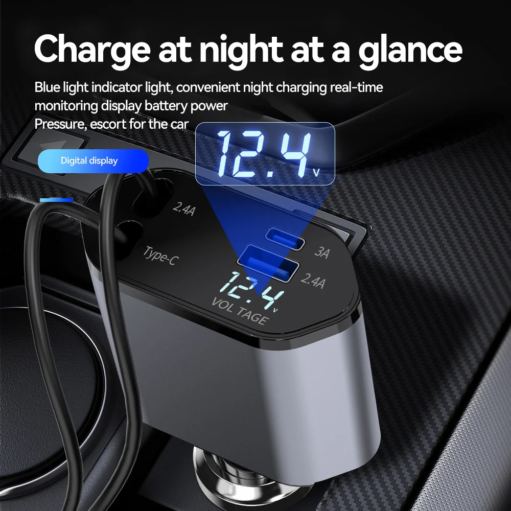 120W 4 IN 1 Retractable Car Charger USB C Cable For IPhone Huawei Samsung Fast Charge Cord Cigarette Lighter Adapter PD QC3.0