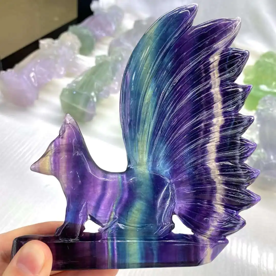 12CM Large Size Blue Purple Fluorite Nine-Tailed Fox Fairy Reiki Animal Figurines Natural Stone Product Crystals New Arrival