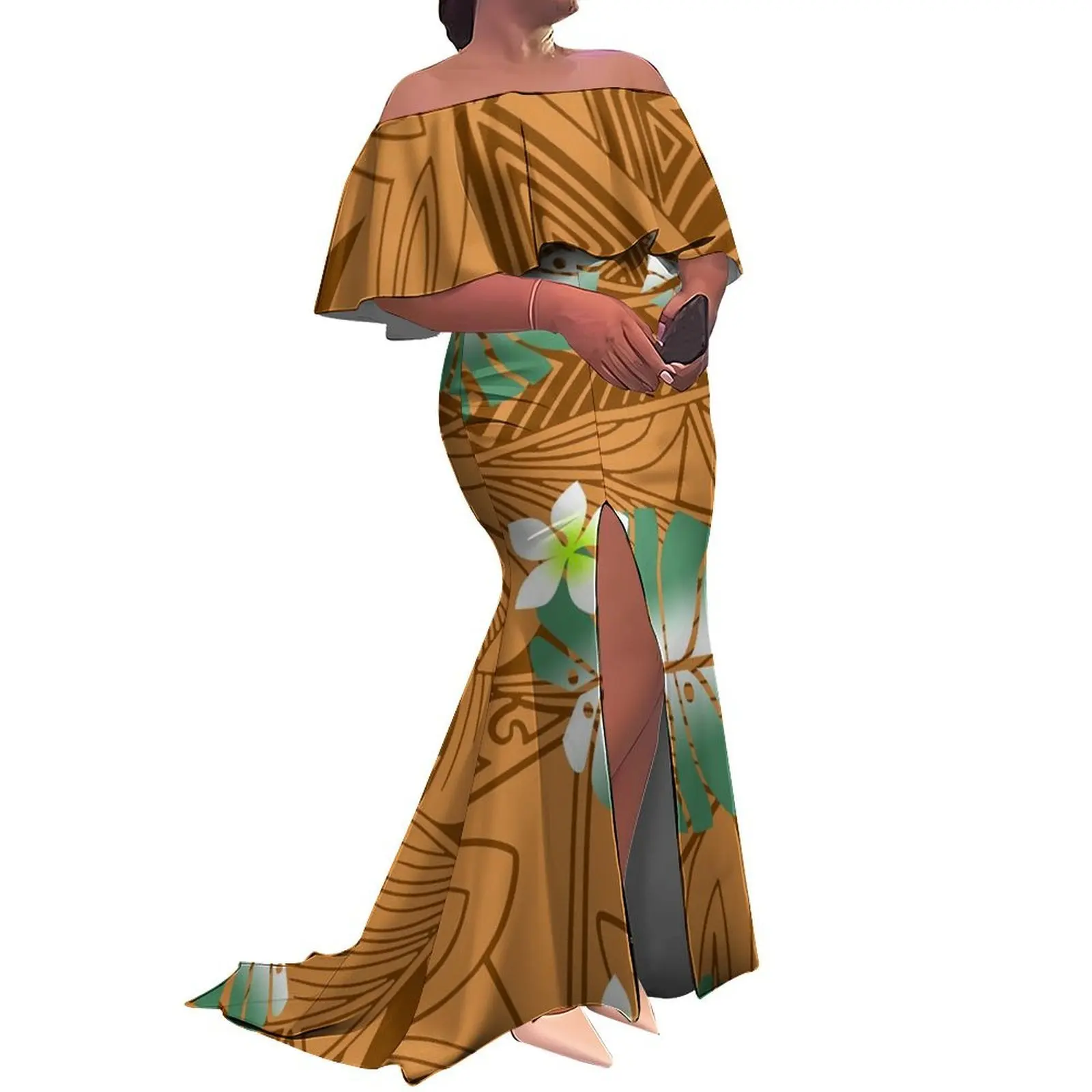 Floral Print Polynesian Pacific Island Style Women'S One-Shoulder Slim Slit Long Dress, Festival Party Floor-Length Dress