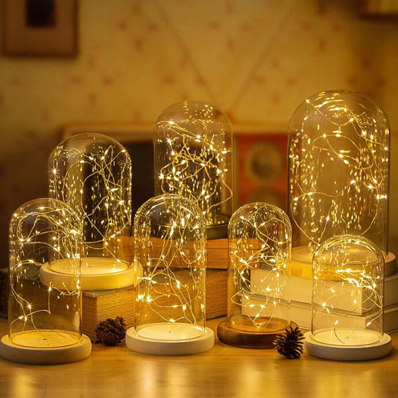 Vitrina de campana con cúpula de vidrio, tarro con Base de madera, portátil, multiusos, para mostrar plantas artificiales, figuritas