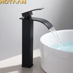 Grifo de lavabo de latón en cascada, monomando montado en cubierta, monomando, mezclador de lavabo de baño frío y caliente de un solo orificio, grifo chapado en negro