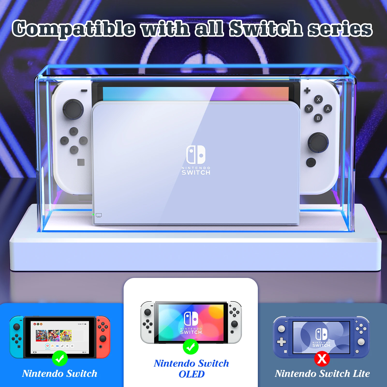 Luzes LED Capa Protetora para Nintendo Switch, Luva de Proteção OLED, Capa de Poeira Clara Acrílica, Acessórios NS Display Shell