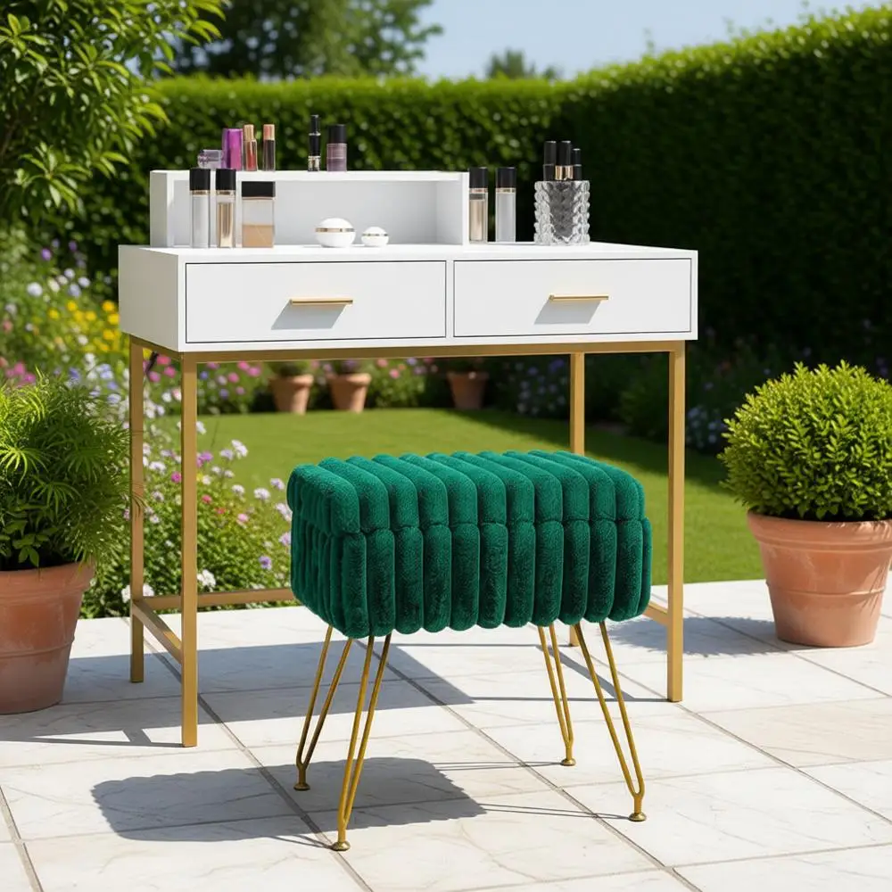 

Green Storage Ottoman Vanity Chair for Makeup Rooms, Metal Legs, Coffee Table Use