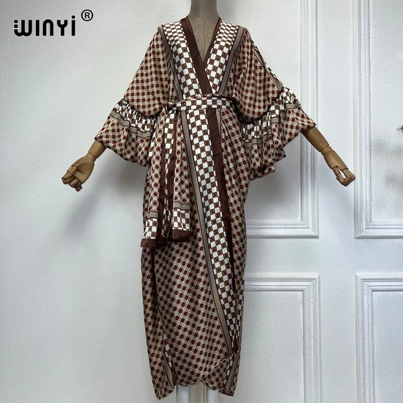 

2023 dress KUWAIT WINYI new Muslim coat retro Print Self Belted Front Open Long Kimono kaftan Beach Tunic Women Wrap Dresses