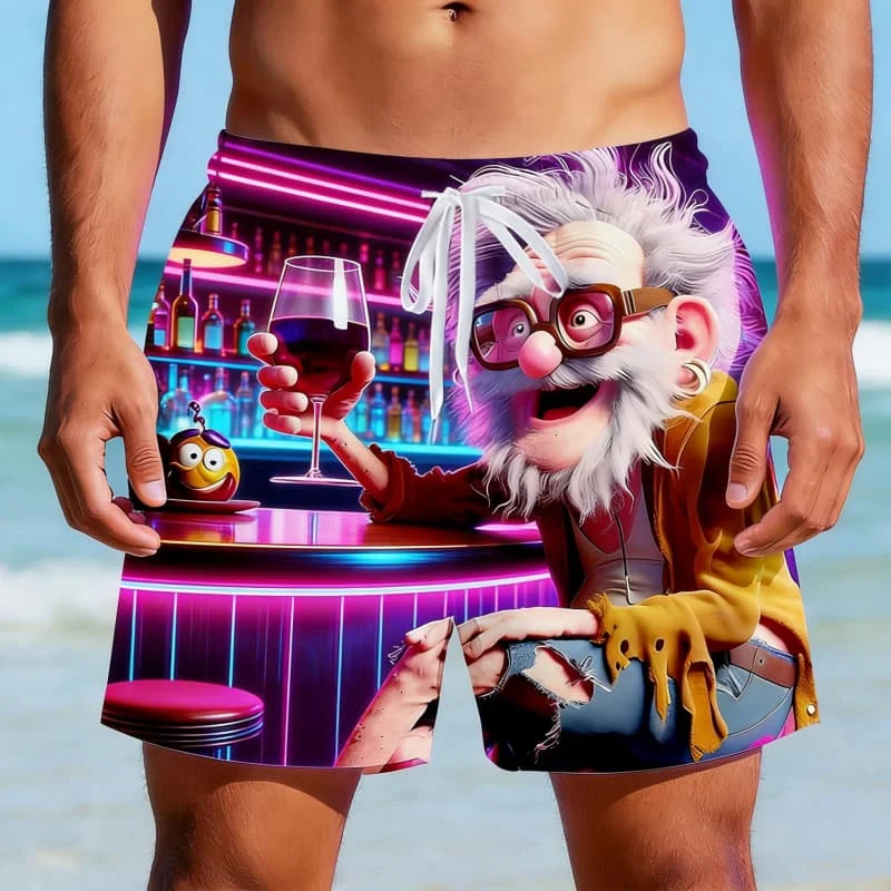 

Vintage Bar Old Man Themed Beach Shorts for Men, Cartoon Pattern Swim Trunks, Crafted for Playful & Vacation Looks