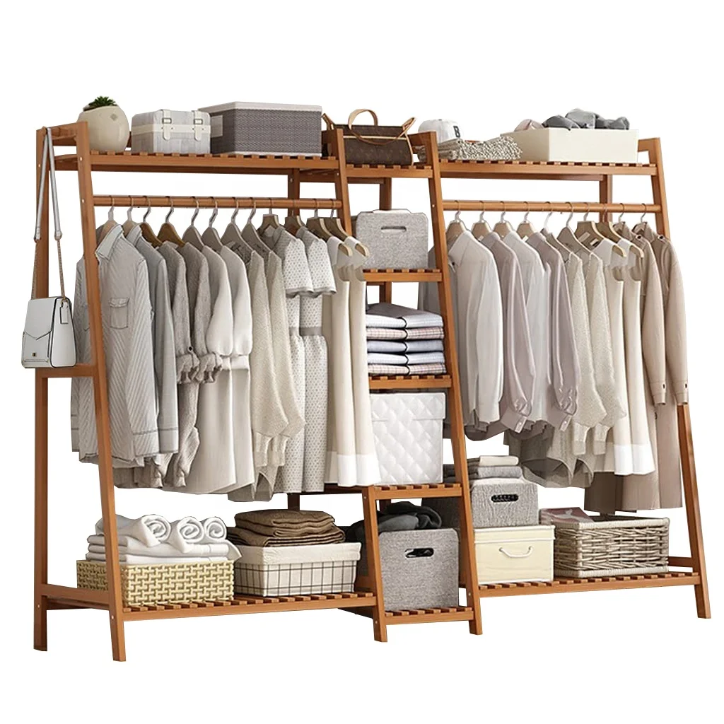 L-190CM Large 5-Tier Bamboo Coat Rack Multi-Functional Natural/Teal Living Room Cloakroom Stand Bag Storage Efficient Wardrobepr