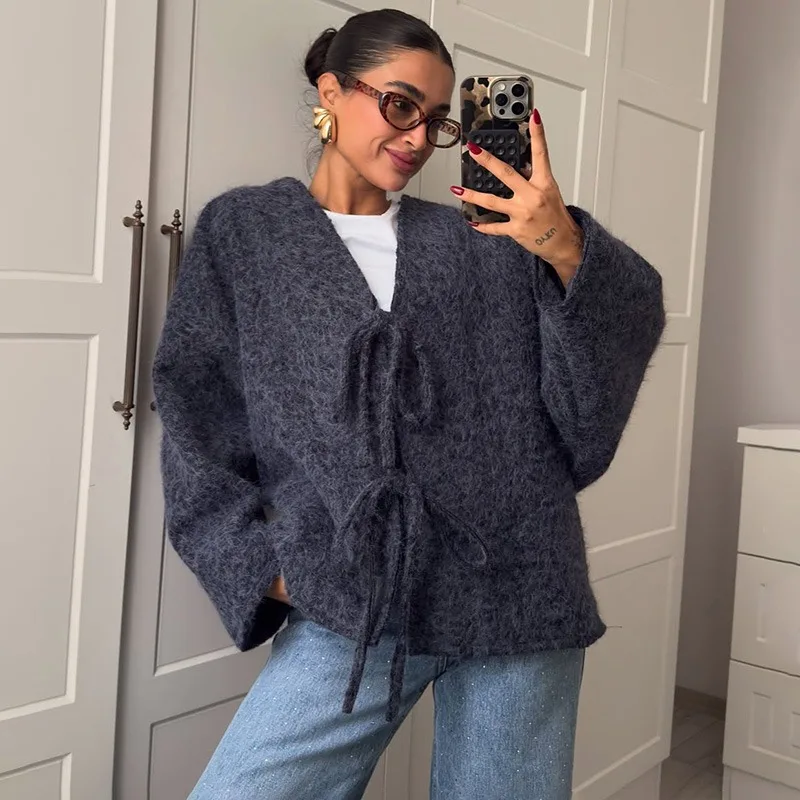 

Ticketsx Fashion V-Neck Loose Coat Women Solid Autumn Winter Lace Up Patchwork Wool Coats Casual Lady Vacation Office Outwear