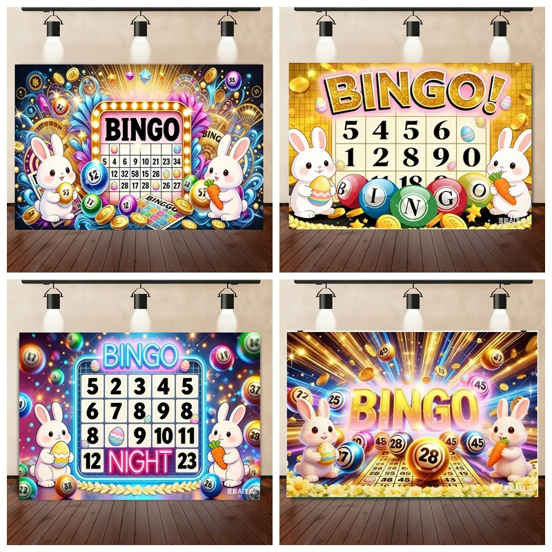 

Easter Bingo Game Backdrop Cute Rabbit Easter Egg Carrot Number Grid Gold Coin Children Party Decor Photography Background Cloth