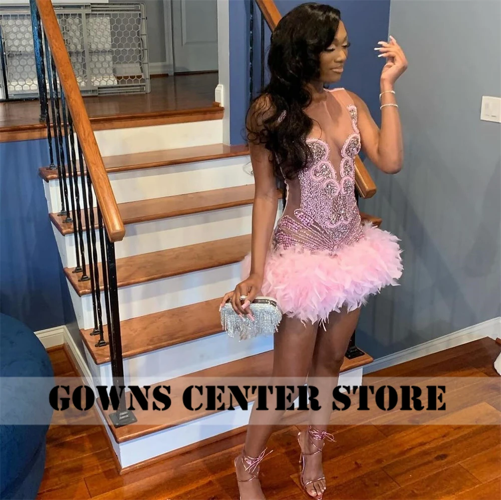 Baby Pink Feather African Rhinestone Prom Dress 2024 Aso Ebi Black Girl Cute Wedding Dress Birthday Party Formal Gown Customized