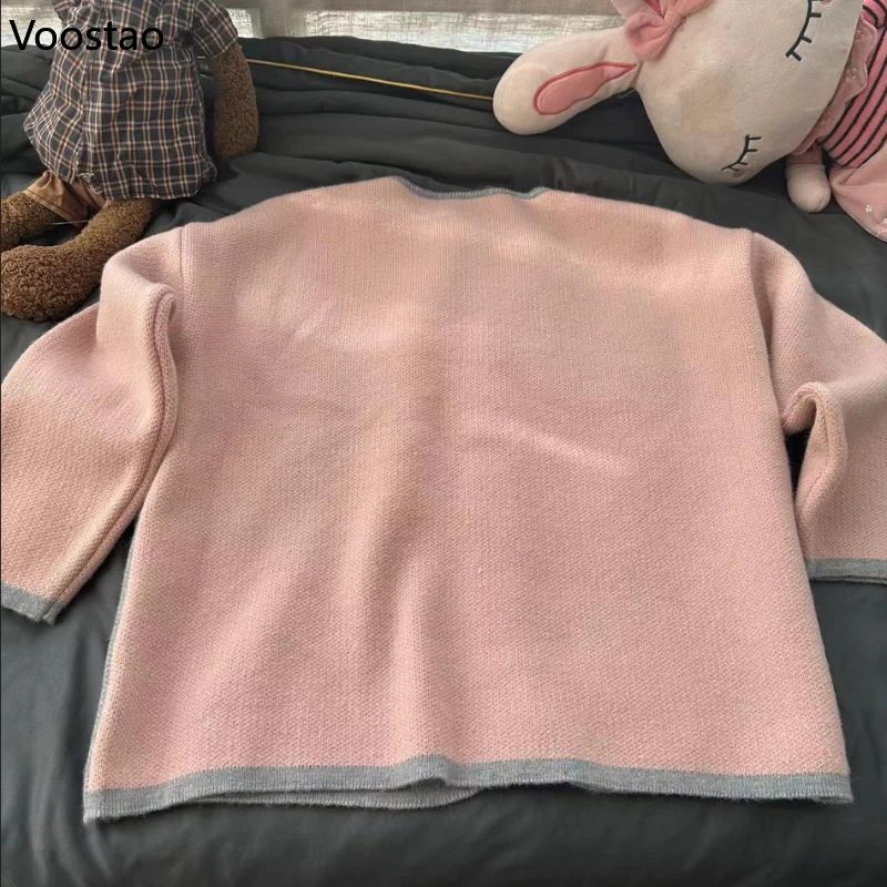 Mori Girl Style Sweet Knitted Cardigans Women Contrast Color Loose Single Breasted Cartoon Sweater Harajuku Female Cute Jacket