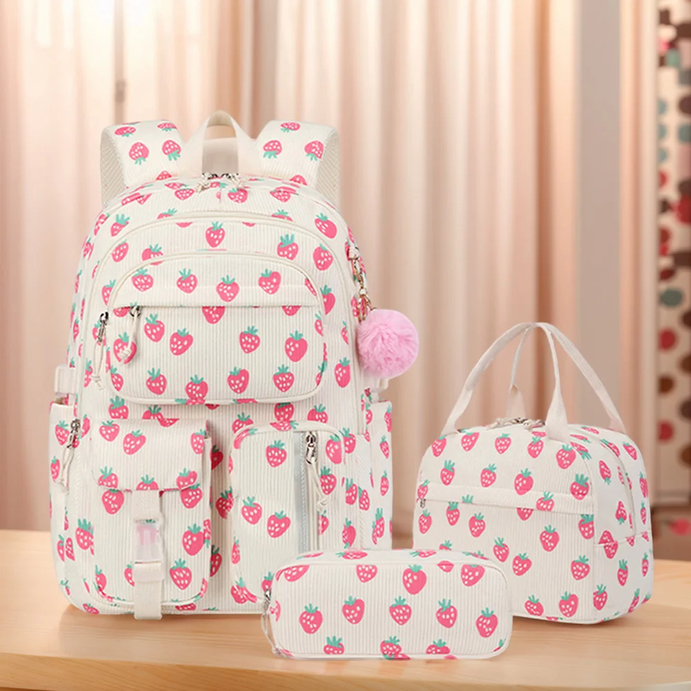 

3-in-1 Corduroy College School Bags with Lunch Box &Pencil Case Cute Girl Backpacks School Bookbag Set for Teens Women Students