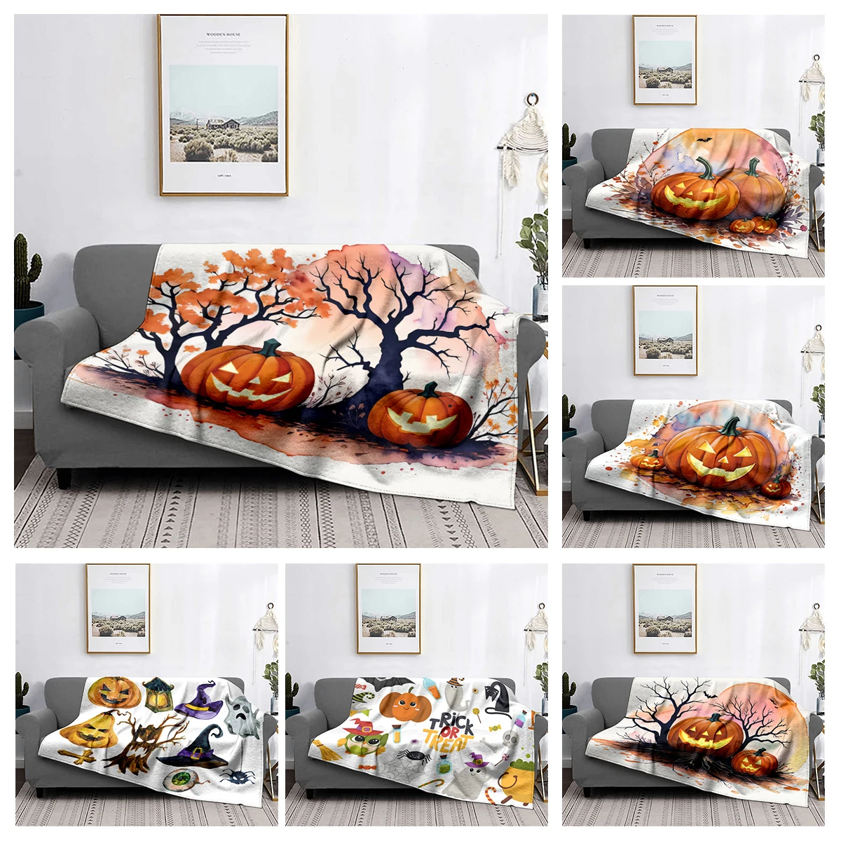 

Home decoration plush Throw Sofa blanket Bedspread bed fluffy soft blankets decor Plaid Modern Halloween Autumn Pumpkin funny