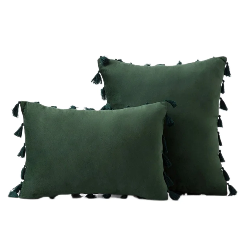 Christmas Red Green Velvet Throw Pillow Cover with Tassels Boho Accent Luxury Gift Cushion Case for Couch Bedroom Car Home Decor