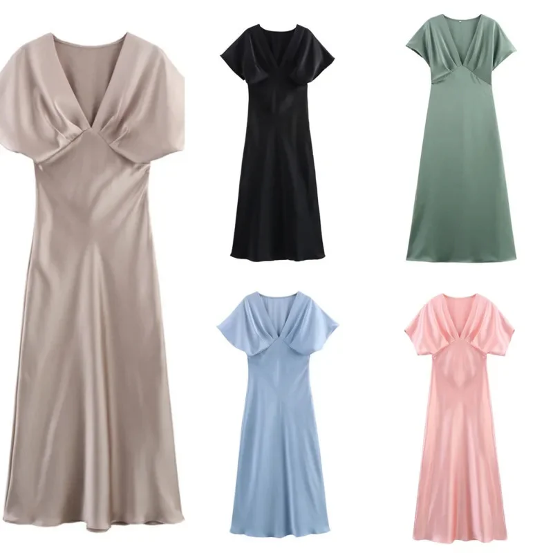 

Solid Color Dresses Mini Dresses Women Summer Eur Ru Elegant Silk A-line Medium Long Short Sleeved Pullover V-neck Dress New