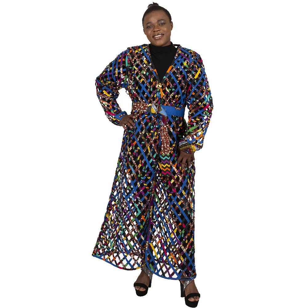 African Women Customize Robe Dresses with Belt Hollow Net Dress Long Sleeve Party Fashion Clothes Kg1138