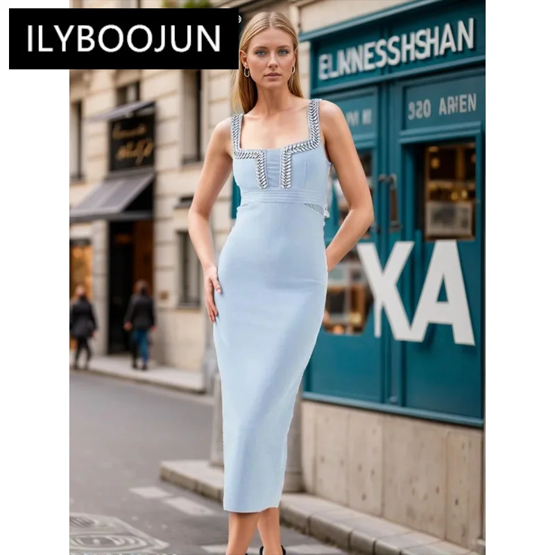 

Spliced Diamonds Elegant Square Collar Sleeveless Slimming Dress Dresses For Women 2024 Luxury Brand High Quality