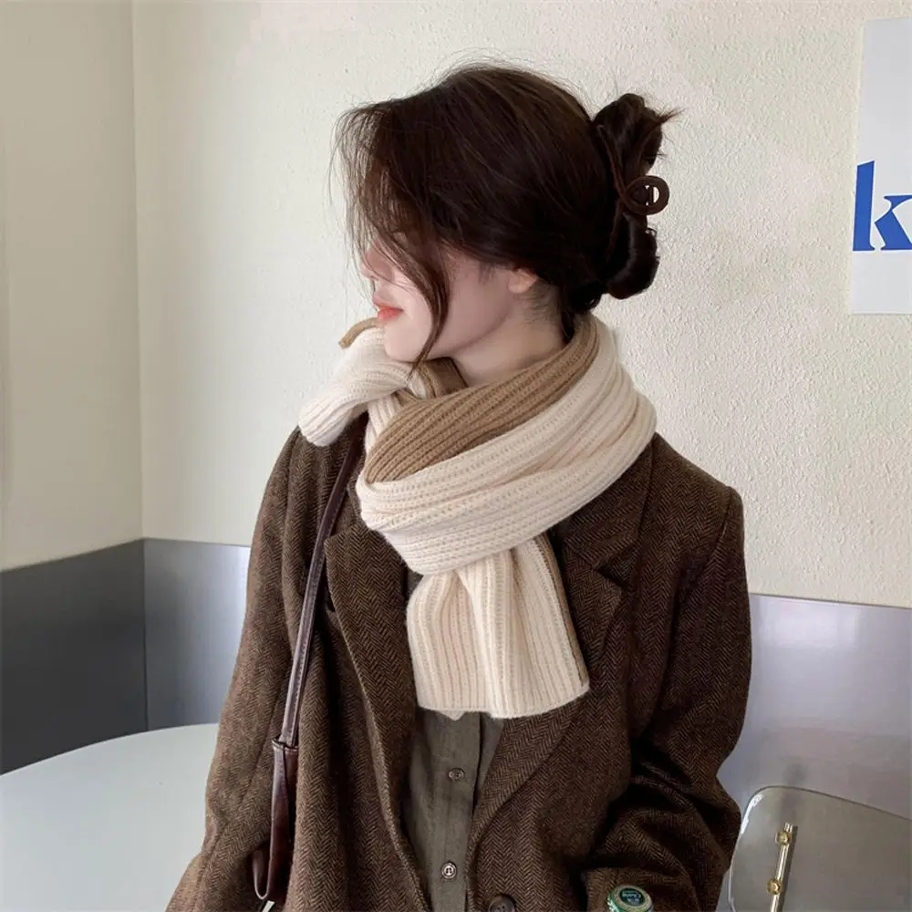 Casual Fashion Bow Vintage Winter Thicken Women Knitted Scarf Patchwork Color Korean Style Shawl Neck Wrap