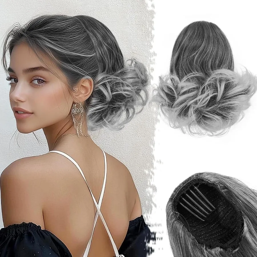 女性用ドローストリングポニーテールエクステンション-10インチ-ショートウェーブ合成ヘアピース-コームクリップ付き-リアルな塩コショウ風ヘアピース
