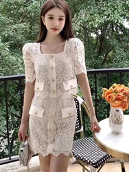 New Summer Lace Skirt Suits 2 Piece Sets Women Outfits Elegant Square Collar Short Sleeve Shirt Top + Mini Skirt Sets Pink/white