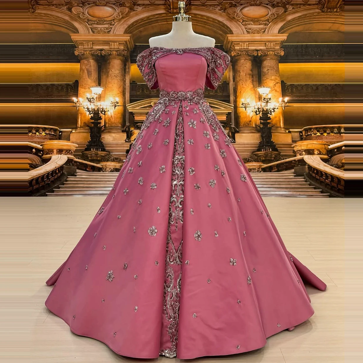 

One-shoulder elegant evening gown sequins bead embellishments puffed skirt court style evening gown dinner dress party dress