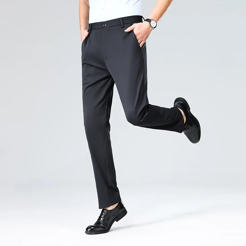 No Binding Male Commuting Long Pants Full Four Way Stretch Smooth Texture Fixed Waistband Office Daily Wear Slacks