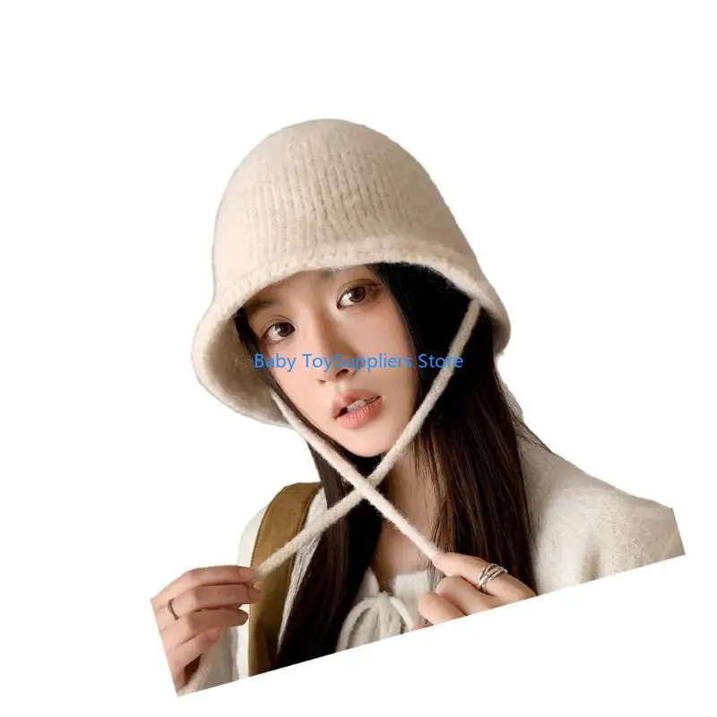 

R1WF Korean Fisherman Hat Thick Warm Bucket Hat with Adjustable Tie Winter Warm Hat