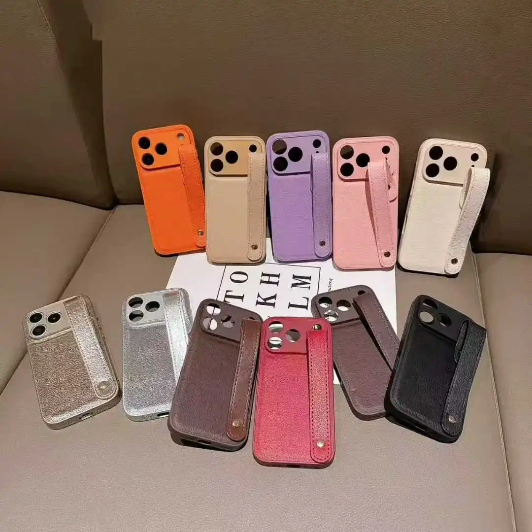 حافظات هاتف جلدية PU ملونة لهاتف آيفون 12 13 14 15 16 17 Pro Max مع سوار مضاد للسقوط حبل كامل مقاوم للصدمات Fundas
