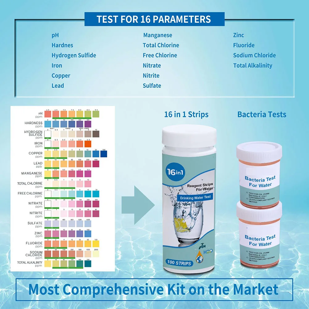 17 In 1 Water Testing Kit for Drinking Water Swimming Pool Water Test Coli Bacteria Test Chlorine PH Hardness Water Quality Test