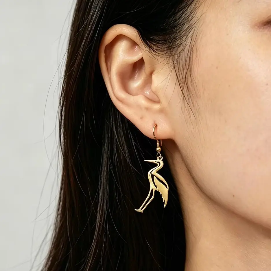 Chandler Hollow Crane Heron Dangle Earrings Stainless Steel Bird Animal Piercing Drop Earring Birthday Jewelry For Women Gift
