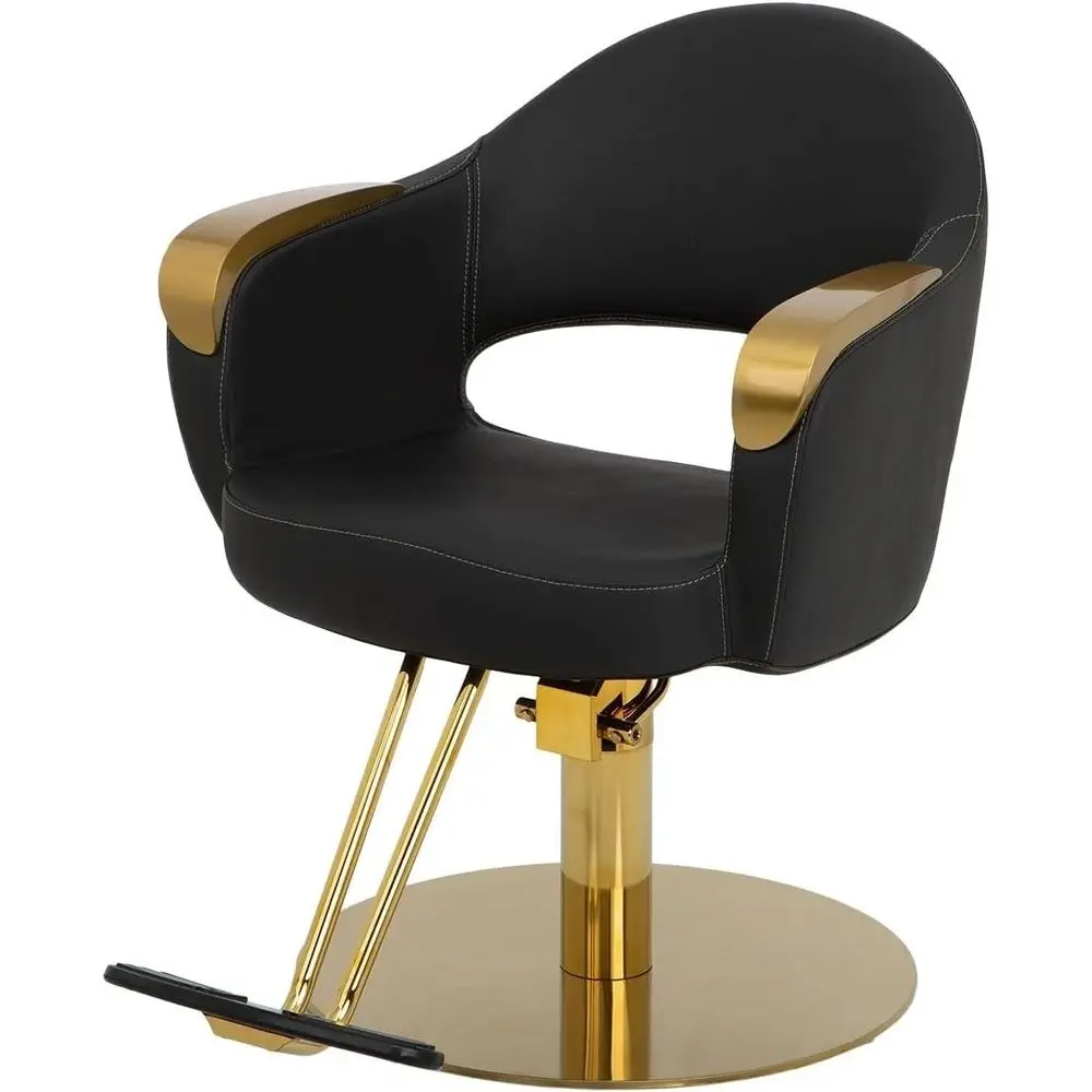 

Кресло для парикмахерских и барбершопов Luna Gold, черное виниловое сиденье с золотым основанием и подлокотниками, прошитая подушка, регулируемая высота