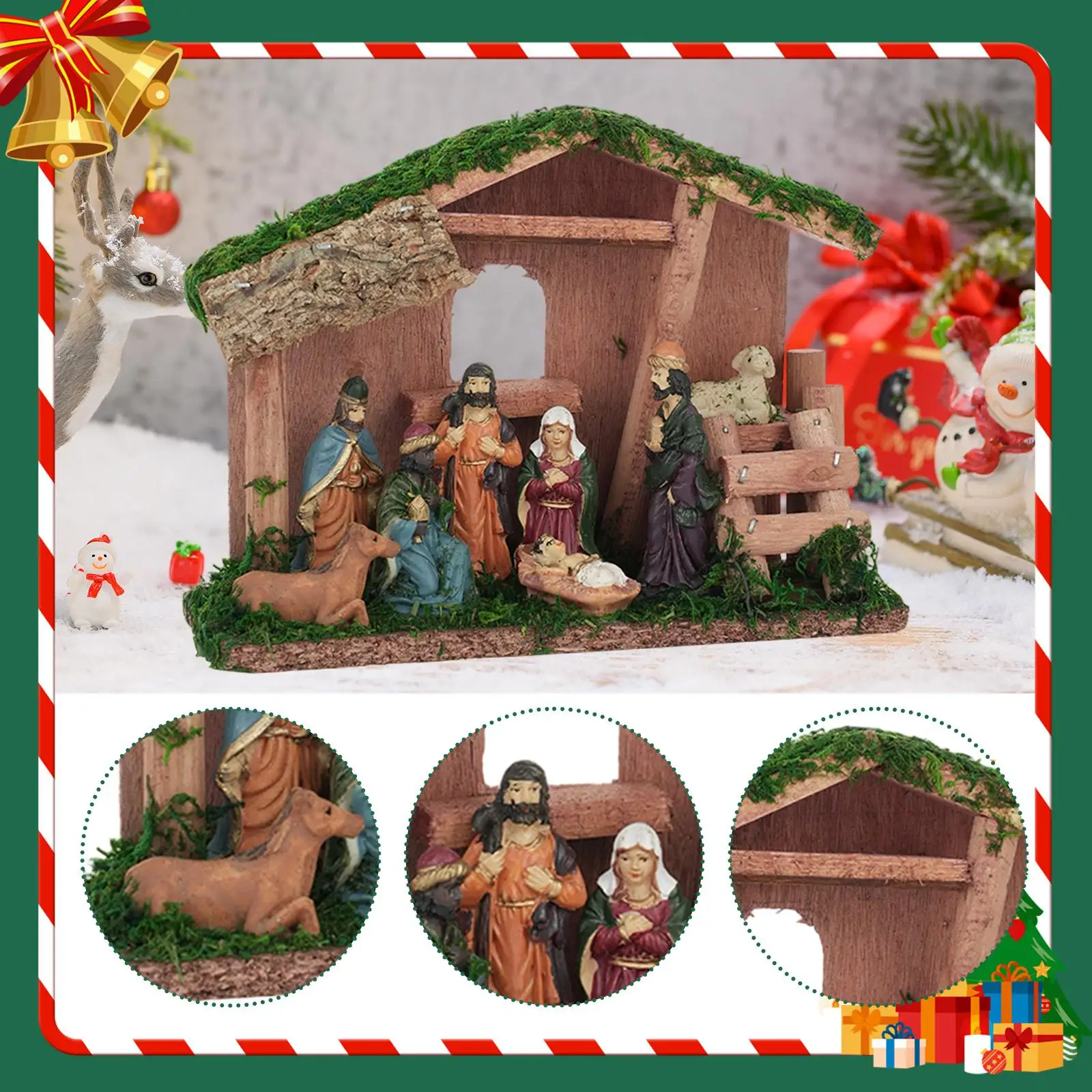 Resin Christmas Nativity Set with Stable Miniature Home Decorative Figurines for Holiday Room Display