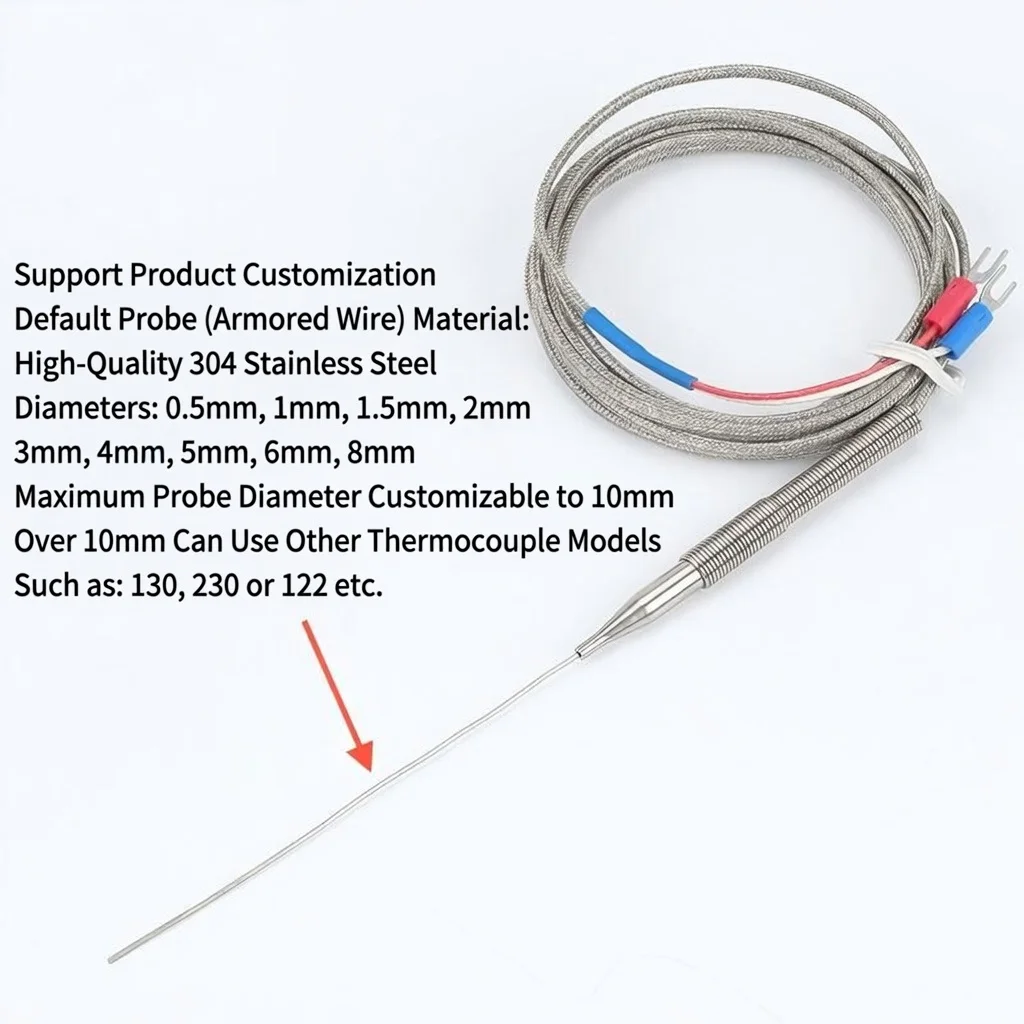 Type K armored thermocouple 1.5M wire needle probe temperature sensor for high temperature industrial applications.