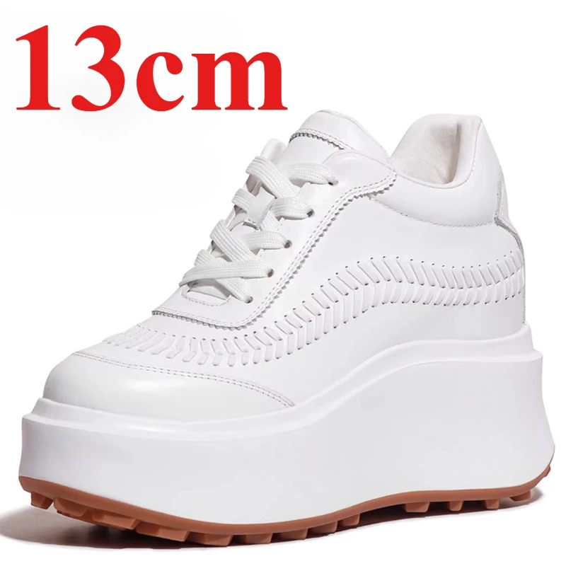 White Shoes for Women's 13cm Outdoor Elevator Shoes Comfortable Breathable Genuine Leather Thick-soled Height Increasing Shoes