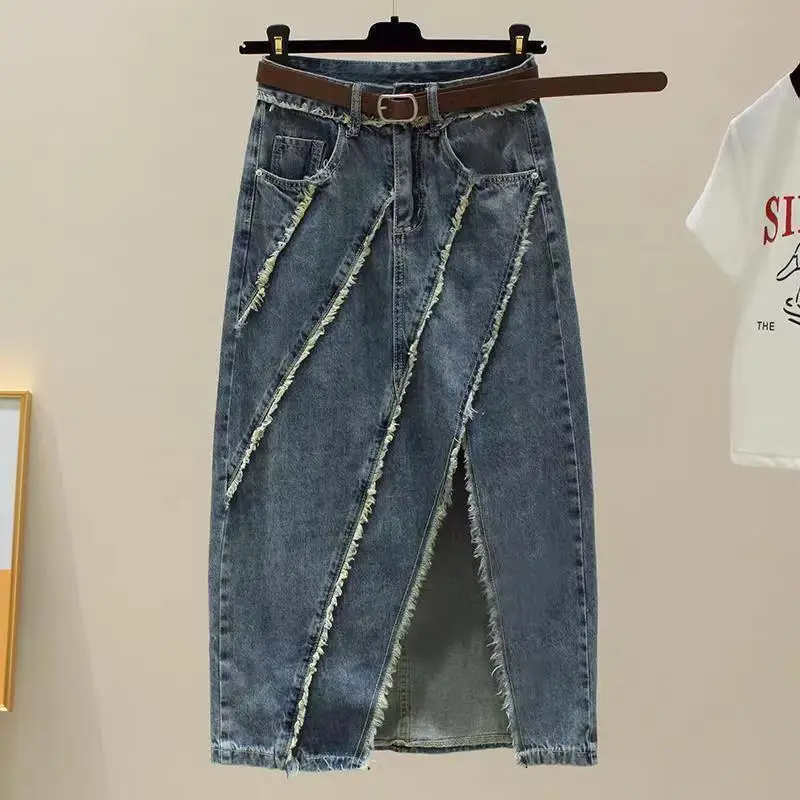 Casual Jean Skirts For Women High Waist Side Slit Denim Skirts Classic Mid Length Four Seasons Streetwear Skirts without Belt