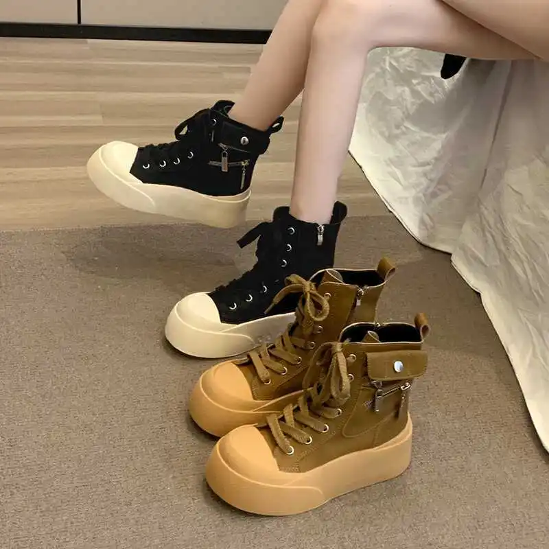 

Women's High-top Shoes 2024 Autumn New Thick-soled Big Head Heightening Canvas Fashion Zipper Short Platform Shoes