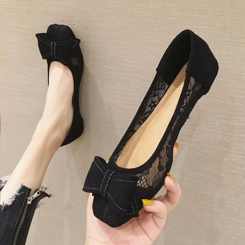 Mesh Breathable With Bow Woman Flats Summer Square Toe Shoes for Women 2025 Discount 39 Comfortable and Elegant Chic Point Shoe