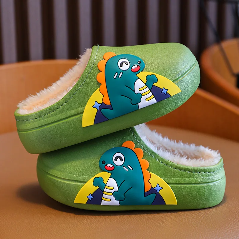 Children Slippers Cartoon Dinosaur Anti Slip Waterproof Soft Sole Winter Plush Girl Baby Cotton Slippers Kids Shoes for Girl