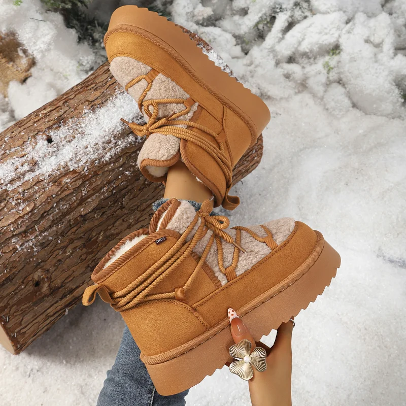 Women Winter 2026 New Fashion Designer Lace Up Decorat Platform Snow Boots Lamb Fleece Thick Bottom Ankle Boots Plus Size 36-42