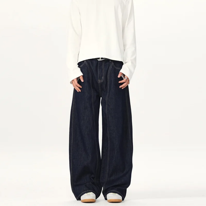 Korean Style High Street Y2K Baggy Jeans for Men 2026 New Vintage Dark Wash Wide Leg Denim Pants Hip Hop Streetwear Trousers
