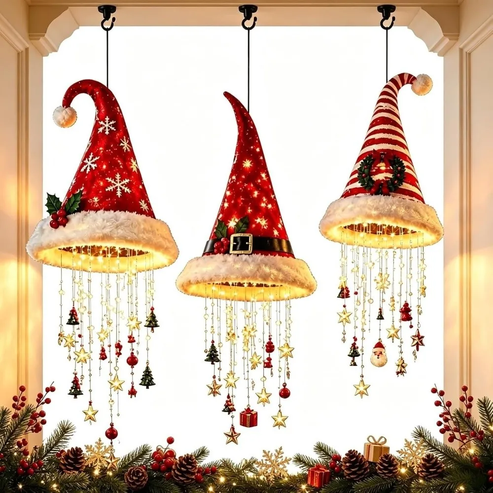 Romantic Christmas Hat Hanging Light Snowflake with Tassels Christmas Decor Lamp Exquisite Warm Light Glowing Santa Hat Lamp